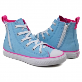 Tênis Infantil Feminino All Star Converse Chuck Taylor com Zíper - Azul claro/rosa chique/branco