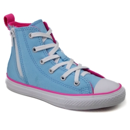 Tênis Infantil Feminino All Star Converse Chuck Taylor com Zíper - Azul claro/rosa chique/branco