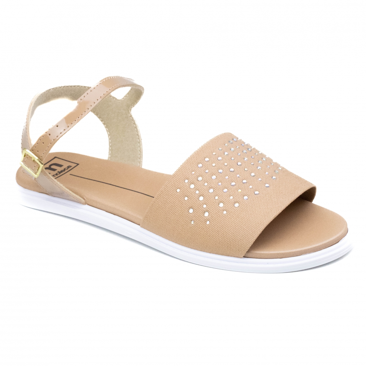 Sandália Feminina Moleca Rasteira com Strass - Nude/branco