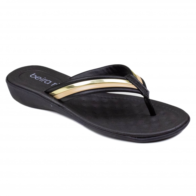 Chinelo Feminino Beira Rio Rasteiro Tira - Preto/bege/dourado