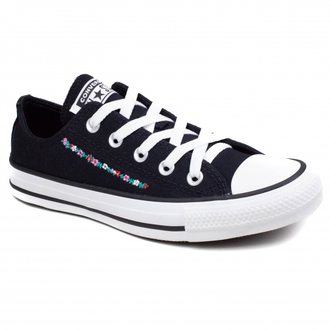 Tênis All Star Feminino Converse Bordado Flor  - PRETO/BRANCO