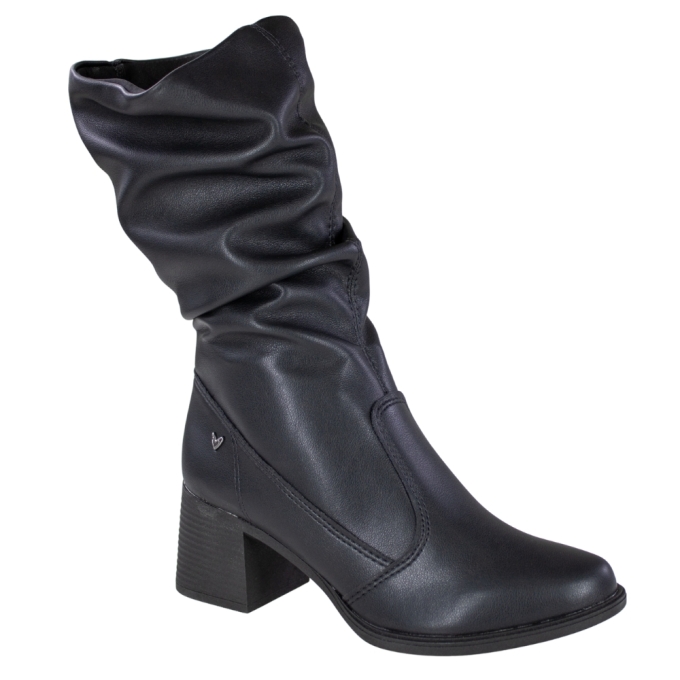 Bota Feminina Cano Médio Salto Bloco Plissada - PRETO