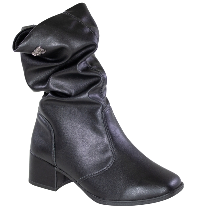 Bota Infantil Feminina Pink Cats Cano Médio Salto Bloco Plissado - PRETO