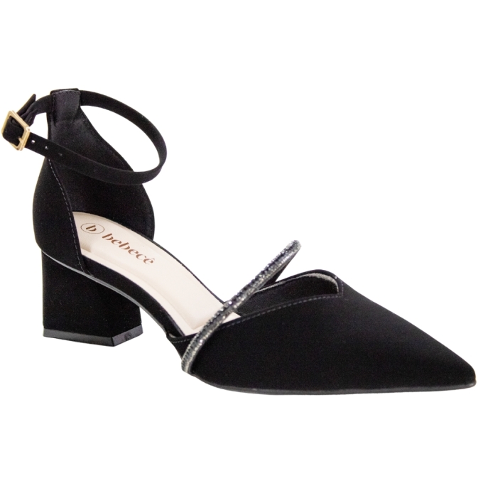 Sapato Feminino Bebecê Salto Quadrado Fechado Nobuck Brilho  - PRETO