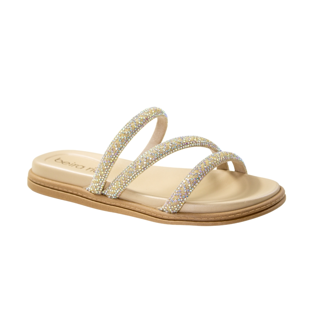 Tamanco Feminino Beira Rio Rasteiro Tiras Brilho - CREME