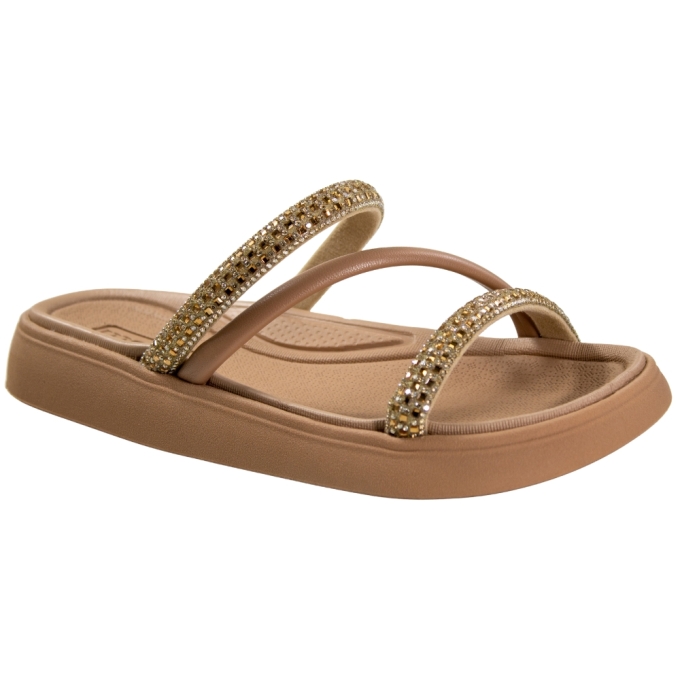 Tamanco Feminino Moleca Papete 3 Tiras Brilho - NUDE